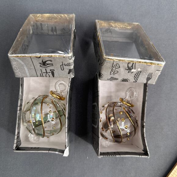 Egyptian Museum Hand Blown Glass Ornament Set 2 Gold Trim Spiral Iridescent Box - Picture 14 of 16